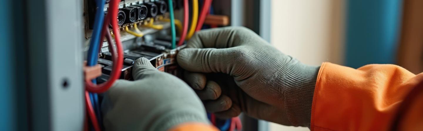 Mains gantées travaillant sur un tableau électrique pour diagnostic électricité
