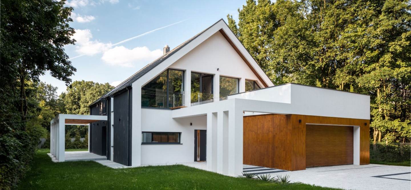 Maison moderne blanche et noire avec garage en bois, illustration des obligations vente