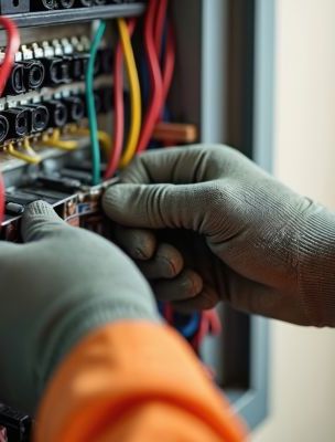 Mains gantées intervenant sur un tableau électrique pour diagnostic électricité