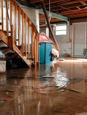 Sous-sol inondé d'eau stagnante illustrant un état des risques et pollutions ERP