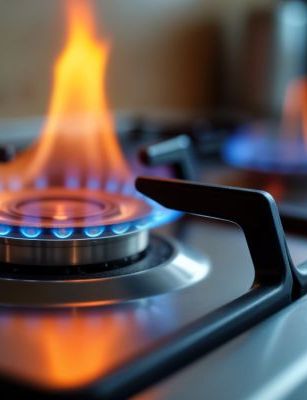 Brûleur de gazinière allumé avec flammes bleues et orange, diagnostic gaz