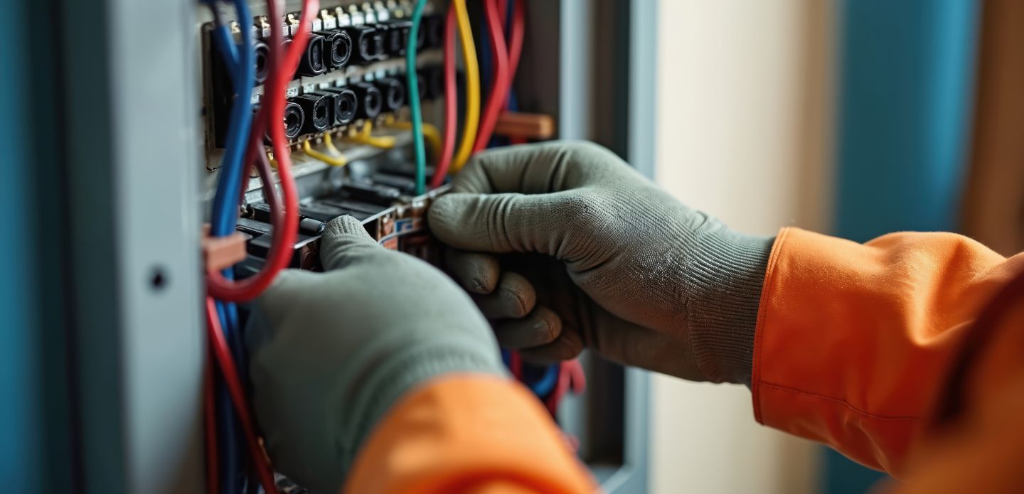 Mains gantées travaillant sur un tableau électrique pour diagnostic électricité
